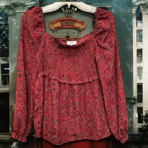Umgee Red Floral‎ Smocked Peplum Babydoll Top Size M